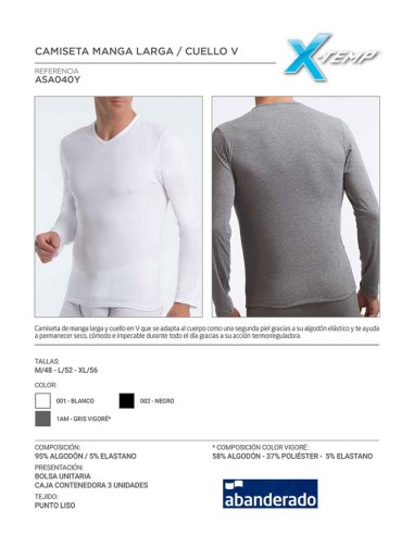 Abanderado camiseta hombre manga larga cuello pico termorregulacion activa algodon licra  ASA040Y
